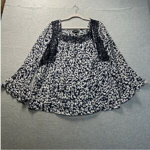 AGB Bell Sleeve Lace Trim Boho Top Womens Blue White Floral Blouse XL Squareneck